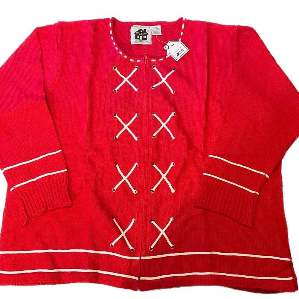 STORYBOOK KNITS NEW Nantucket Shore Red White Cardigan Cotton Sweater, 3X